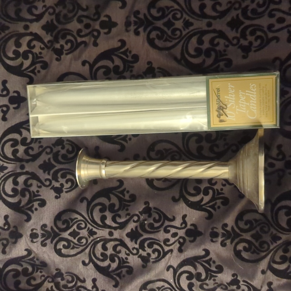 Metal Tapered Candle Holder plus 2 Silver Tapered Candles, Made in India